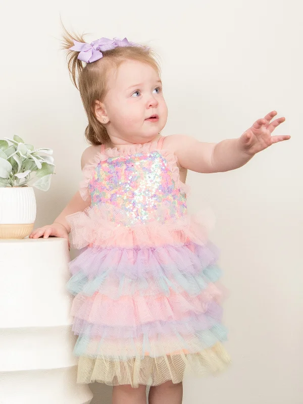 Restocked! Rainbow Sequin Tiered Tulle Ruffle Dress Black Sequin Gown