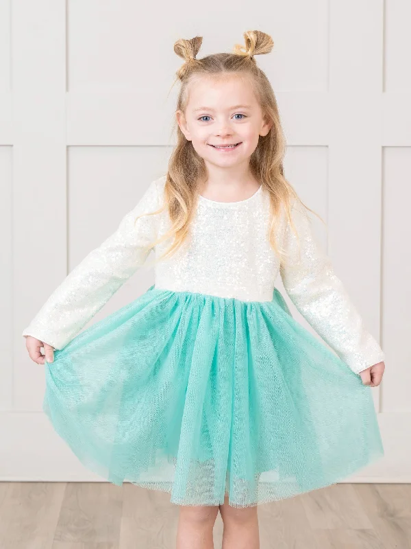 Teal Sequin Top Tulle Dress Off-shoulder Sequin