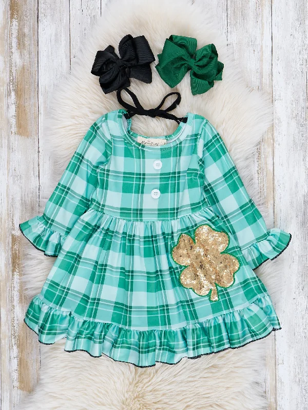 Green Sequin Shamrock Plaid Ruffle Dress Formal Sequin Dress