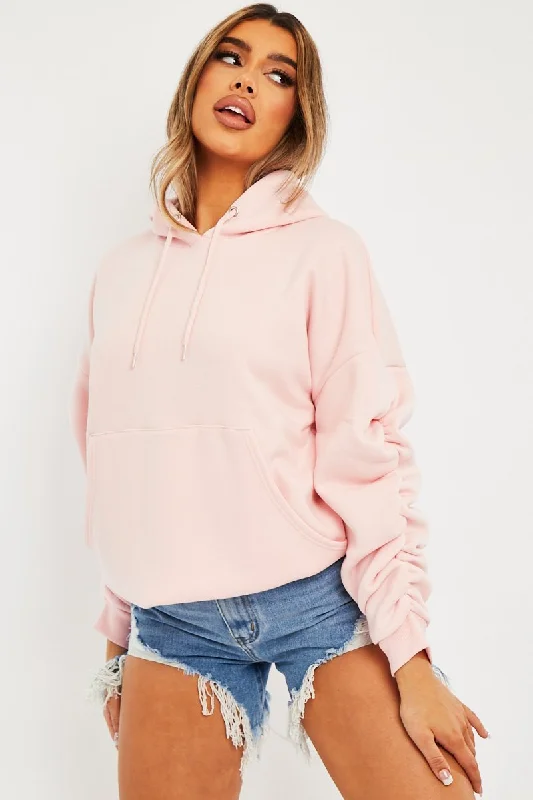 Pink Ruched Sleeve Oversized Hoodie - Dezi Loose Fit Pullover