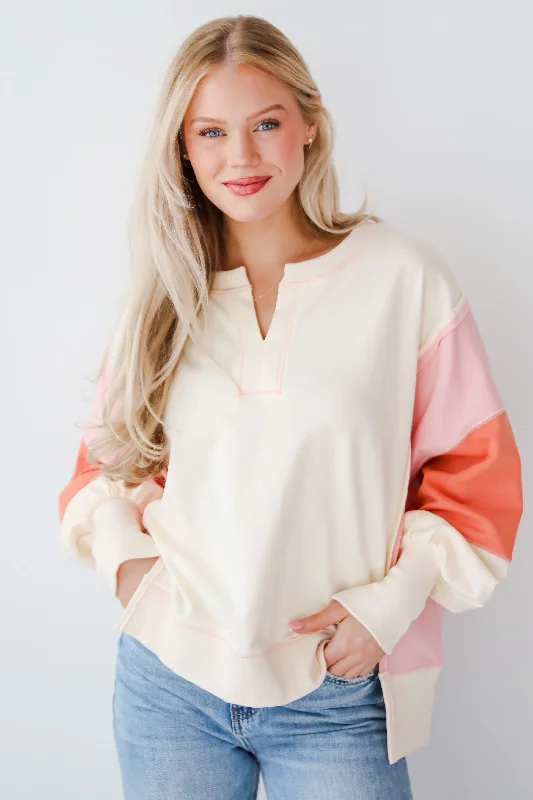 Perfect Coziness Cream Color Block Pullover Soft Cotton Hoodie