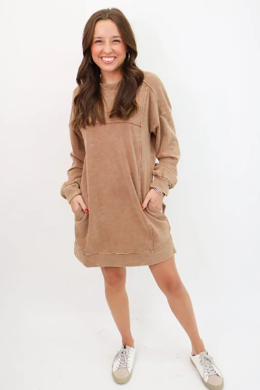 Casual Sweatshirt Dress - Washed Camel Casual Pullover Hoodies