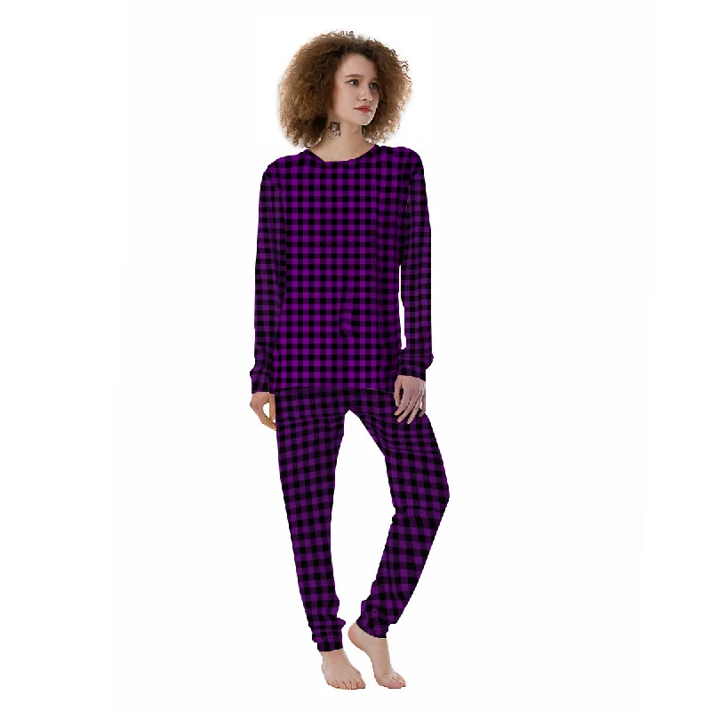 Purple Dark Check Print Pattern Women's Pajamas Sleepwear pajama sets