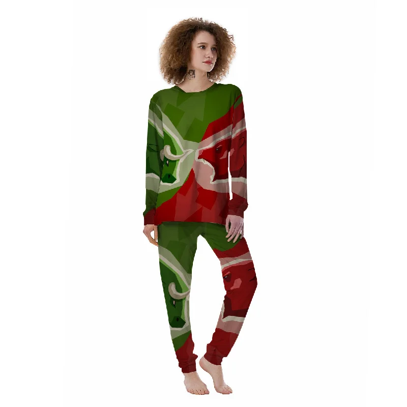 Red Bear And Green Bull Stock Print Women's Pajamas Nursing pajama sets