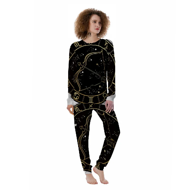 Sagittarius Sign Black And Gold Print Women's Pajamas Movie night pajama sets