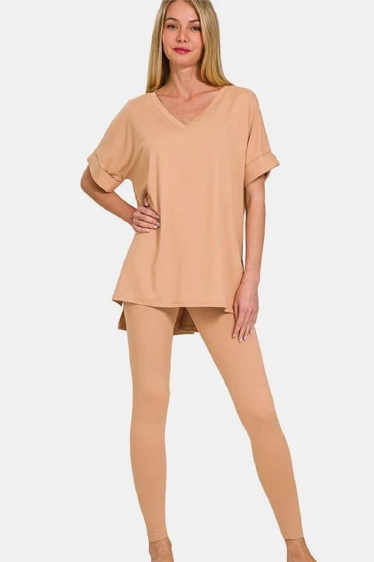 Zenana Full Size V-Neck Rolled Short Sleeve T-Shirt and Leggings Lounge Set Hoodie pajama sets