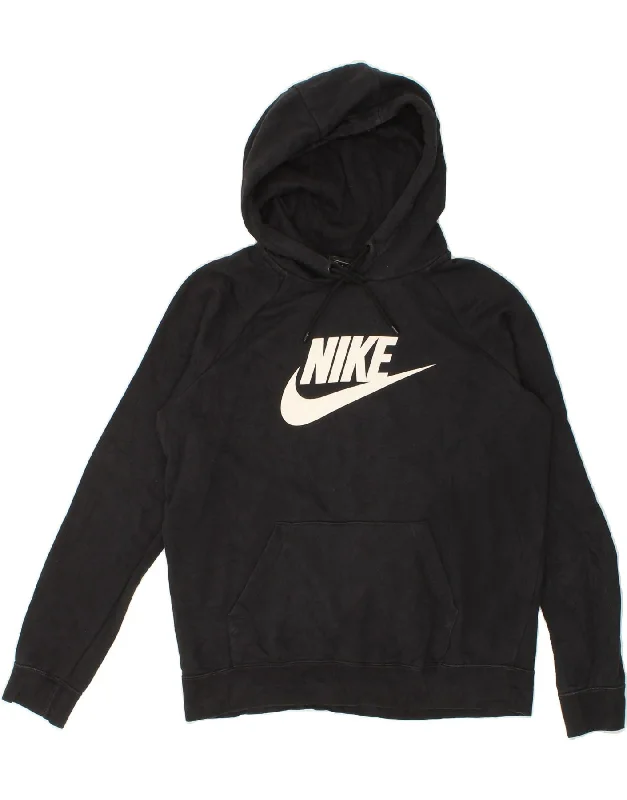 NIKE Womens Graphic Hoodie Jumper UK 14 Medium Black Cotton Cropped sweaters