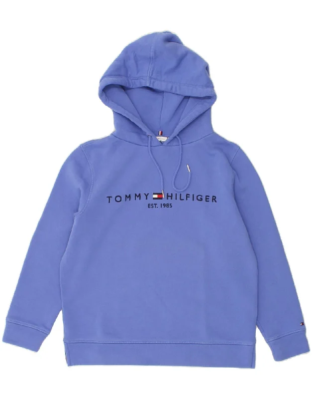 TOMMY HILFIGER Womens Graphic Hoodie Jumper UK 14 Medium Blue Cotton Fleece sweaters