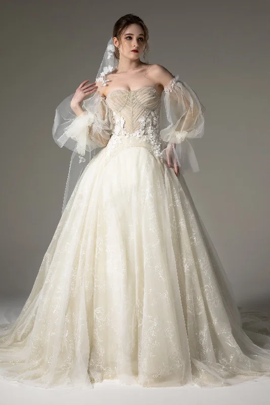 A-Line Chapel Train Tulle Wedding Dress CW2507 Luxury Lace Gown