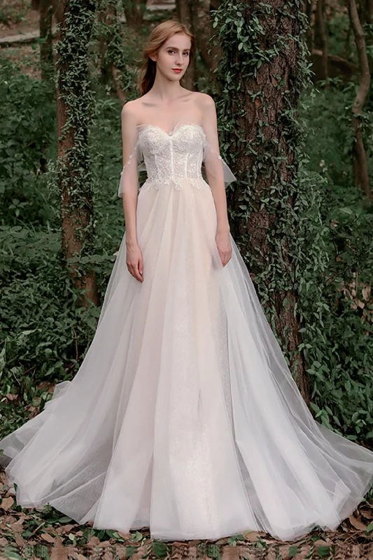 A-Line Sweep-Brush Train Lace Tulle Wedding Dress CW2759 Sexy Satin Gown