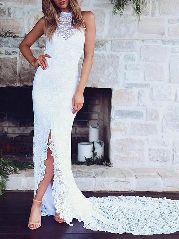 Boho Wedding Dress Mermaid High Cpllar Halter Sleeveless With Train Split Lace Bridal Dress Illusion Neckline Gown