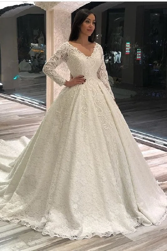 Elegant A-Line Deep V-Neck Long Sleeve Floor-Length Wedding Dress with Lace Appliques Formal Wedding Dress