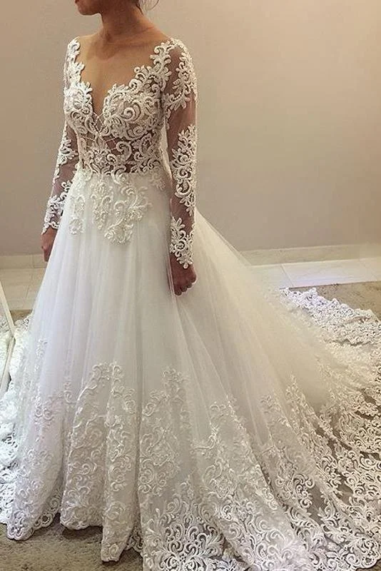 Elegant Beading Lace Long Sleeves Sheer Neck Ball Gown Wedding Dress N1796 Short Wedding Gown