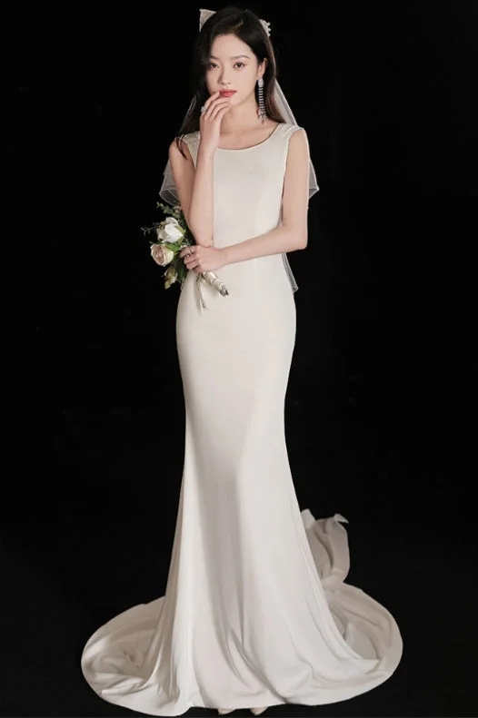 Elegant Sleeveless Mermaid Satin Simple Train Dress Wedding Dress with Lace Open Back Wedding Gown Set