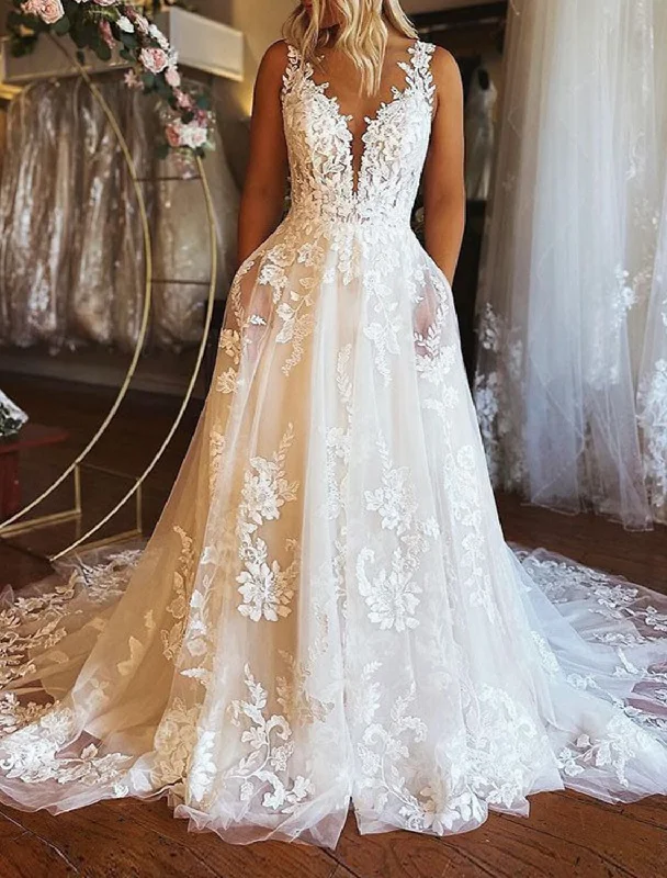 Engagement Formal Wedding Dresses A-Line V Neck Sleeveless Chapel Train Lace Bridal Gowns With Appliques Mermaid Wedding Gown