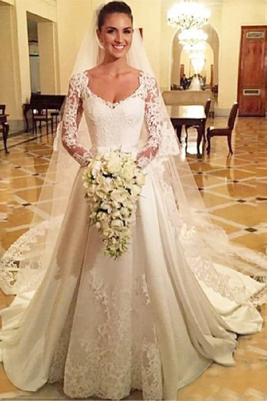 Gorgeous Long Sleeves V Neck Satin Lace Court Train Wedding Dresses Silk Wedding Gown