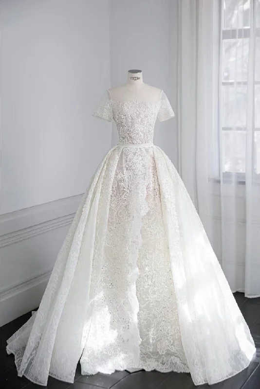 Gorgeous Short Sleeves Long Lace Wedding Dress Elegant Bridal Dress Y0135 Strapless Lace Dress