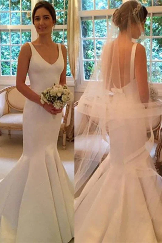 Newest Mermaid V-neck Sleeveless Simple Backless Wedding Dress Beautiful Bridal Gown