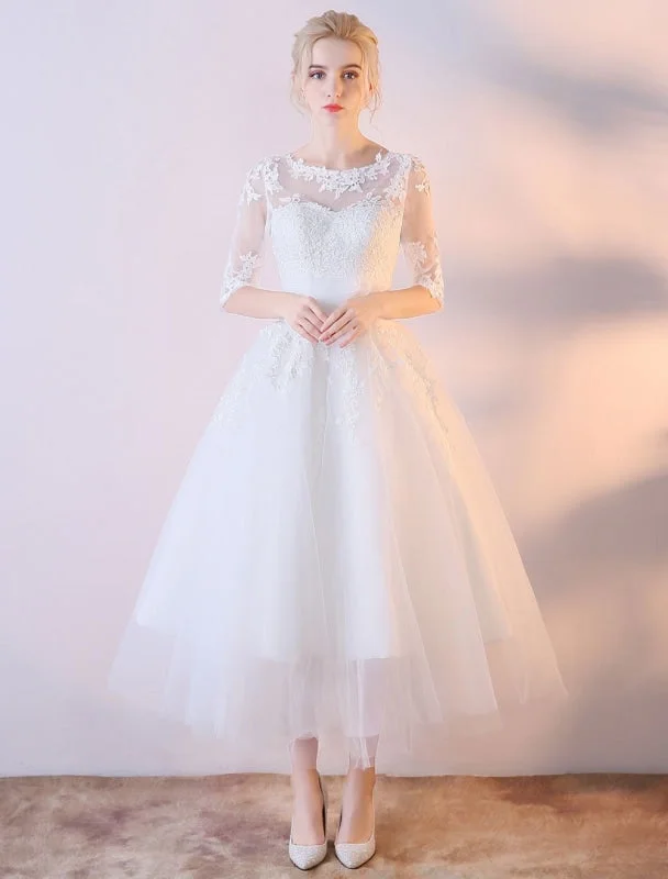 Short Wedding Dresses White Half Sleeve Lace Applique Tea Length Bridal Dress Lace V-neck Dress