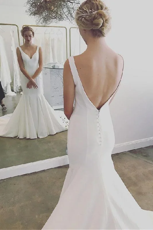 Simple V Neck Mermaid Cheap Backless Long Beach Wedding Dress Bridal Dress N1993 Embroidered Wedding Dress