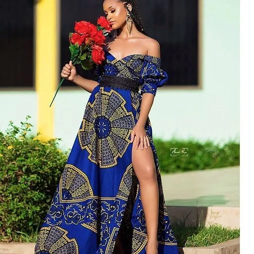 Off Shoulder Ankara Long Dress Stretchy maxi dresses