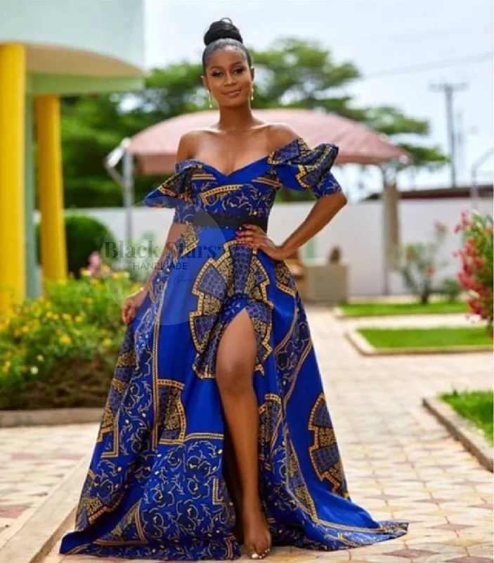 African Floor Length Dress| Off Shoulder Maxi Dress| Puff Sleeve Dress| Wedding Guest Clothing| Blue Yellow Dashiki| Black Stars Handmade Leather maxi dresses