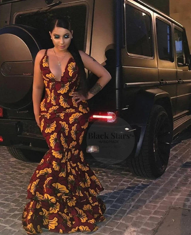 Ankara Clothing for Women - Red and Yellow Long African Dress Denim maxi dresses