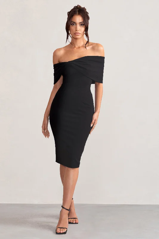 Alyssa | Black Bardot Bow Detail Midi Dress Strapless midi dresses