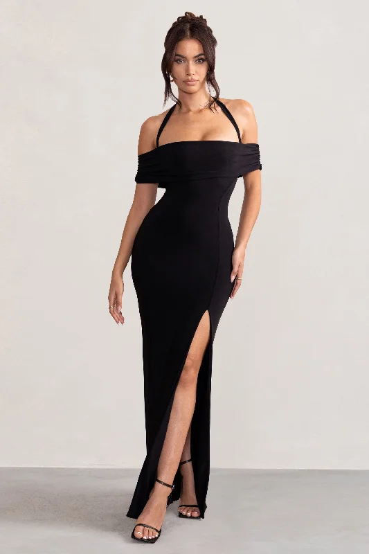 Anisa | Black Halter Neck Bardot Maxi Dress With Thigh Split Cheap maxi dresses