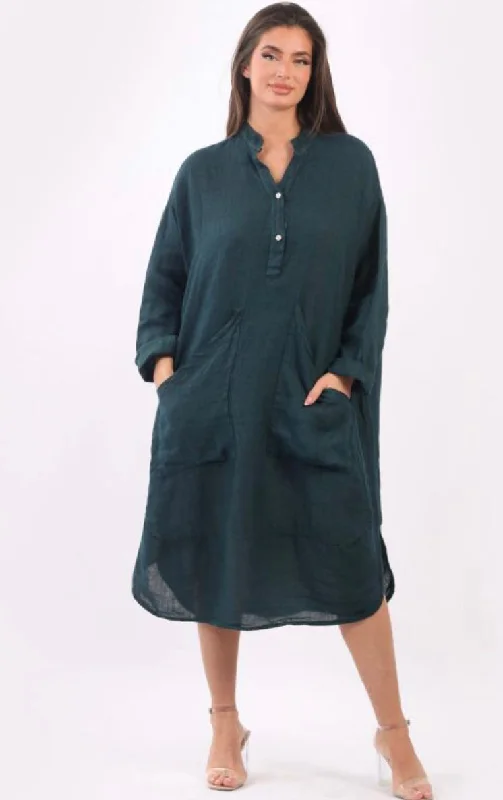 Anne + Kate Italian Pisa Linen Front Pockets Midi Dress Long sleeve midi dresses