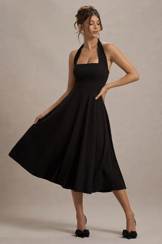 Auburn | Black Halter Skater Midi Dress Fall midi dresses