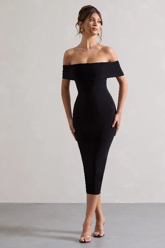 Averie | Black Bodycon Bardot Midi Dress Red carpet midi dresses