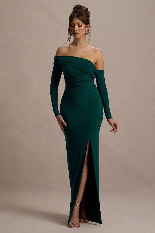 Stand Out | Bottle Green Bardot Long Sleeve Ruched Maxi With Side Split Winter maxi dresses