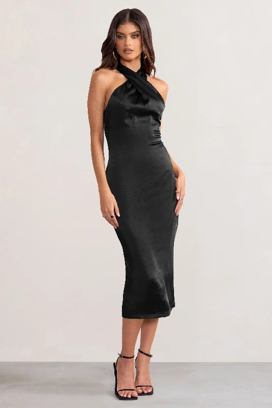 Dazzling | Black Satin Cross Over Halter Neck Midi Dress Office midi dresses