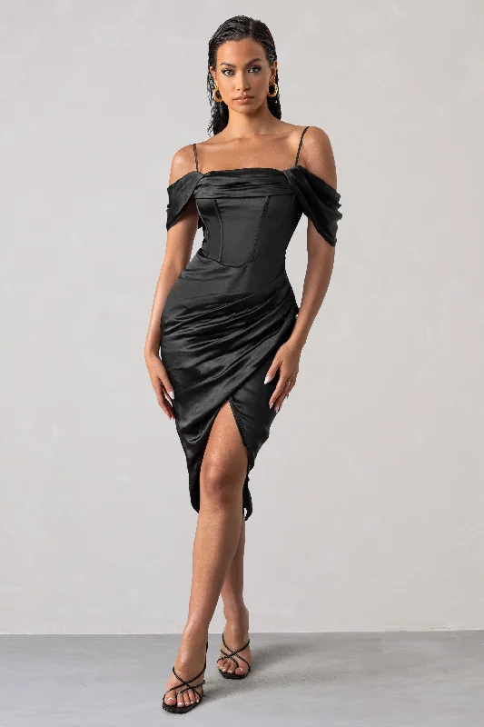 Deserving | Black Satin Bardot Sleeve Corset Wrap Midi Dress Versatile midi dresses for all occasions