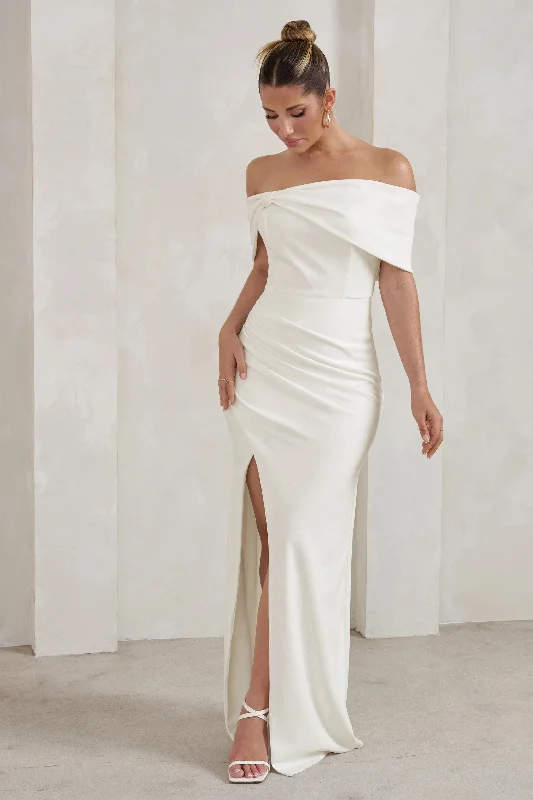 Eva | White Bardot Bow Detail Maxi Dress With Thigh Split Date night maxi dresses