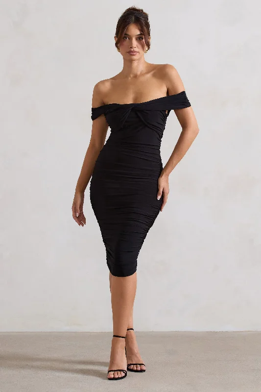 Gratitude | Black Velvet Off The Shoulder Ruched Midi Dress Wedding guest midi dresses