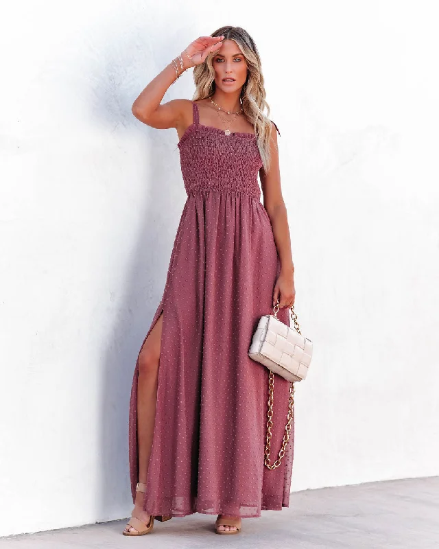 Hazelle Smocked Swiss Dot Maxi Dress - Dark Mauve Fall maxi dresses