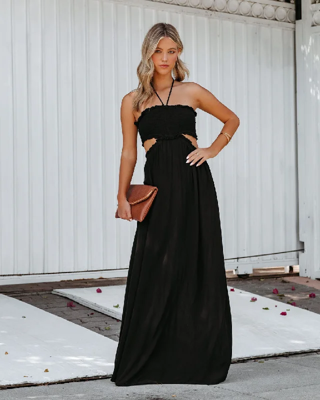 Hit The Beach Smocked Halter Maxi Dress - Black Birthday maxi dresses