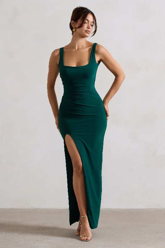 Kate | Bottle Green Square Neck Maxi Dress with Plunge Back and Side Thigh Split Tiered maxi dresses