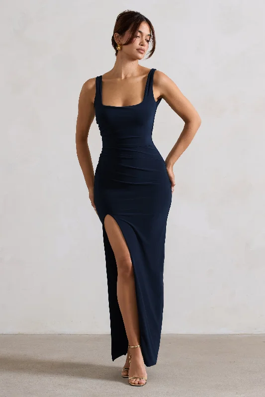 Kate | Navy Square Neck Maxi Dress with Plunge Back and Side Thigh Split Luxury maxi dresses