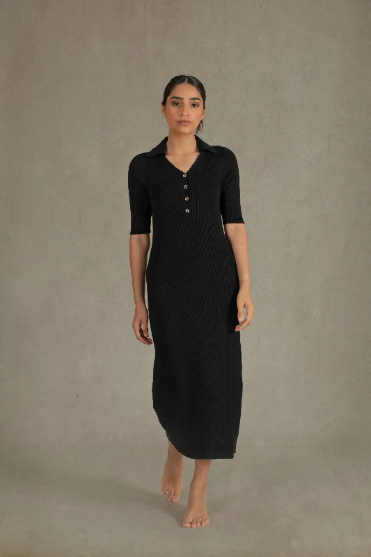 Ribbed Linen Midi Polo Dress in Black Stretchy midi dresses