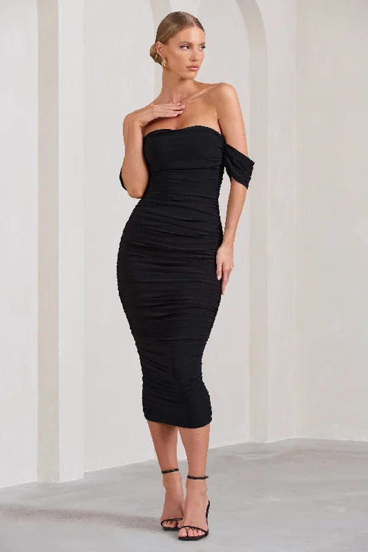 Lost For Words | Black Bardot Ruched Draped Midi Dress Best midi dresses for petites