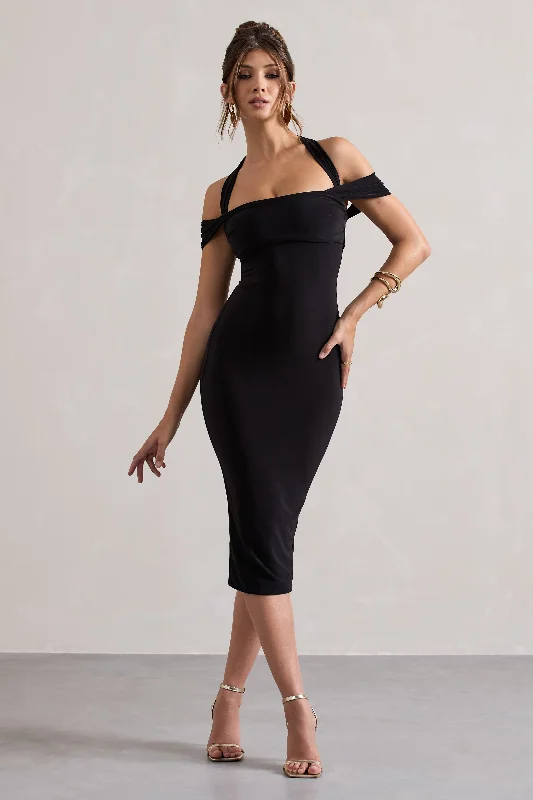 Marla | Black Halter-Neck Draped-Sleeve Midi Dress Sexy midi dresses