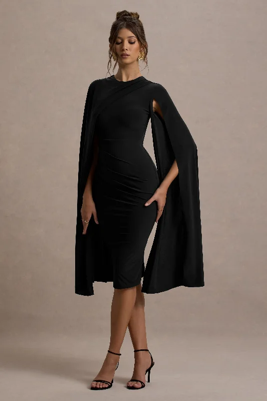 Marysol | Black Asymmetric Cape Midi Dress Minimalist midi dresses