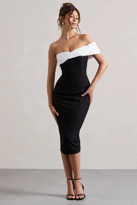 Pearl | Black Twisted Bardot Tailored Midi Dress Discounted midi dresses