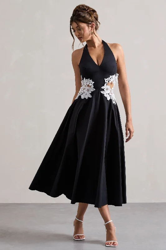 Windermere | Black Plunge Midi Dress With Floral Cut-Out Strapless midi dresses