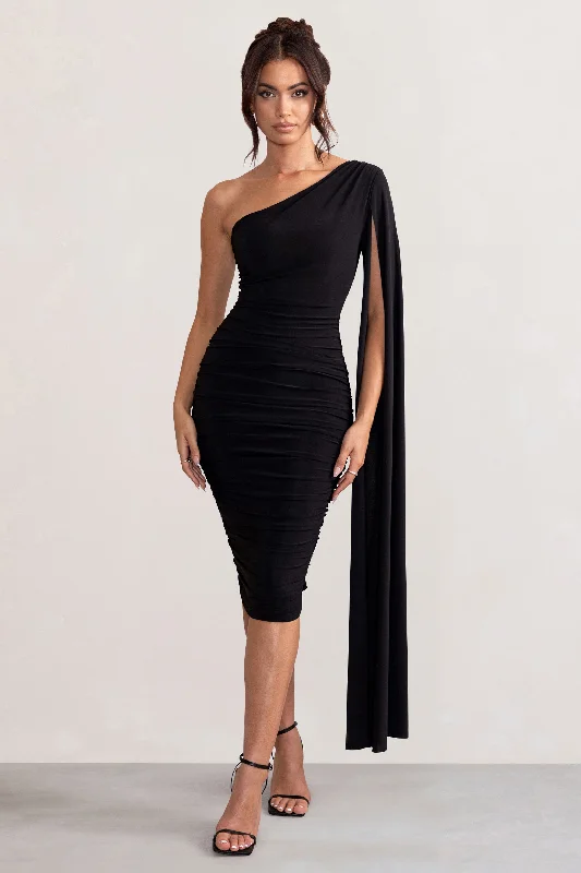 Yara | Black One Shoulder Cape Ruched Midi Dress Holiday midi dresses