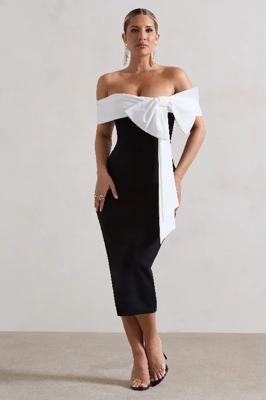 You Wish | Black Bodycon Bandeau Midi Dress With Oversized White Bow Wrap midi dresses