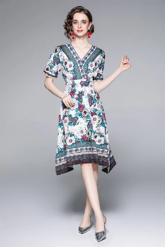 Multicolor Day A-line V-neck Short Sleeve Knee Printed Dress Casual Mini Skirt